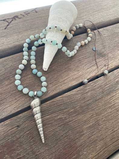 Silver 925 Necklace - Amazonite Sea Spiral Shell (adjustable)