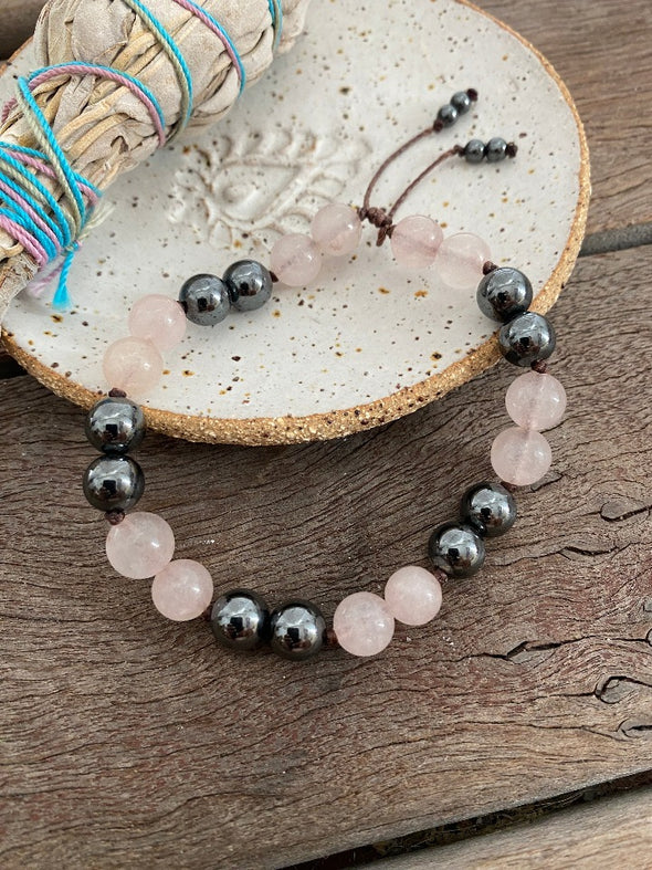 Gemstone Bracelet - Rose Quartz Hematite