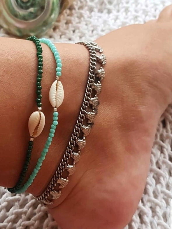 Silver 925 Anklet - Cowrie and Crystals