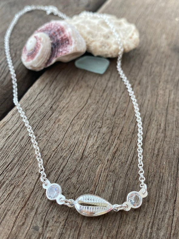 Silver 925 Necklace - Cowrie and Zirconia Choker