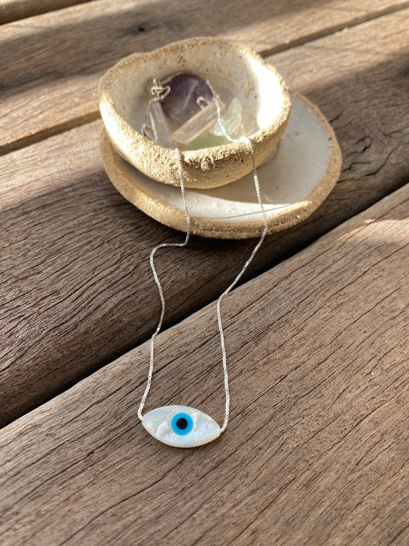 Silver 925 Necklace - Pearlescent Evil Eye