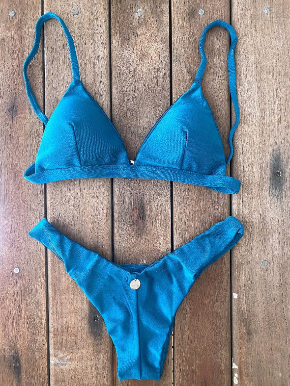 Bikini Seamless Bottom Fixed Triangle Top Shimmery Blue