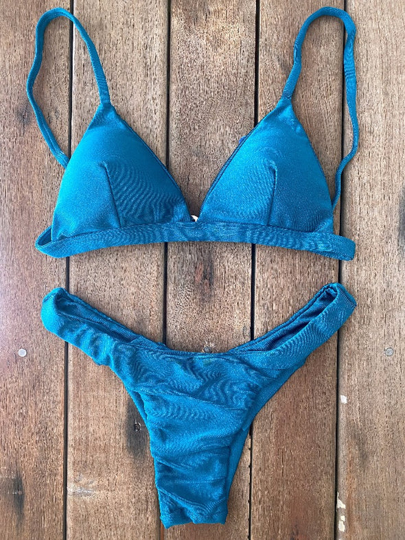 Bikini Seamless Bottom Fixed Triangle Top Shimmery Blue