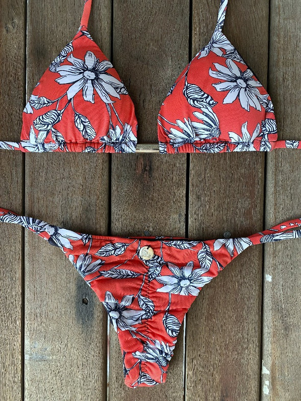 Bikini Tie Sides Red Daisies