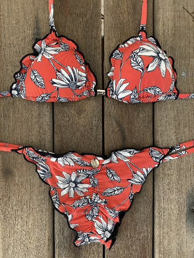 Bikini Tie Sides Ripple Red Daisies