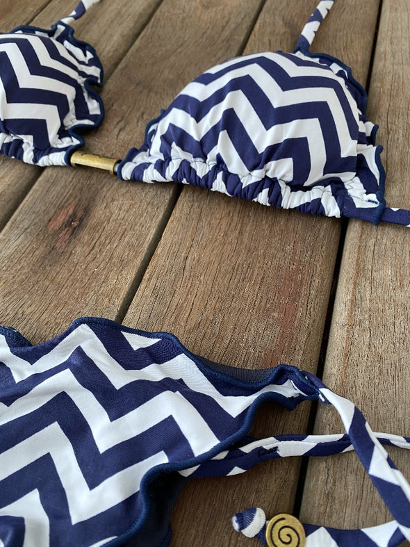 Bikini Tie Sides Ripple Zigzag Navy